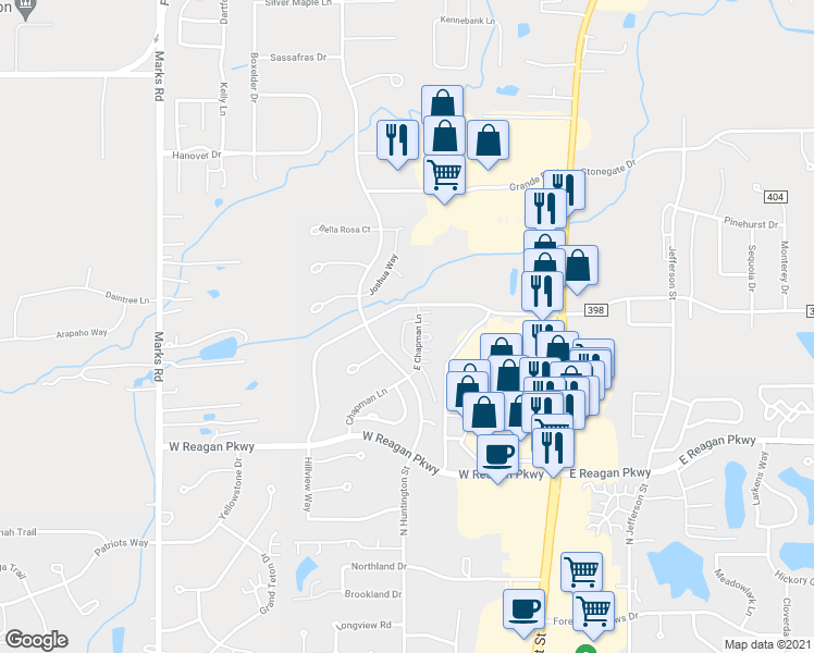 map of restaurants, bars, coffee shops, grocery stores, and more near 1204 Grove Lane in Medina