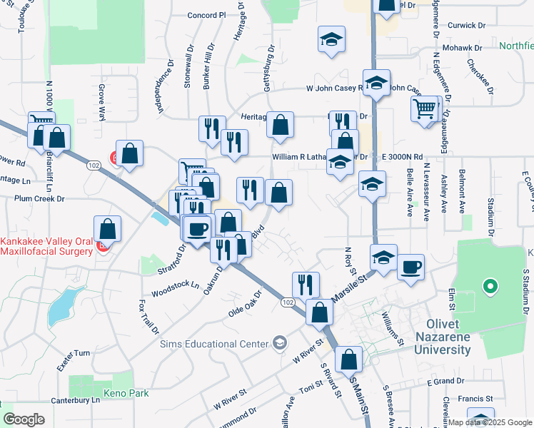 map of restaurants, bars, coffee shops, grocery stores, and more near Brown Boulevard in Bourbonnais