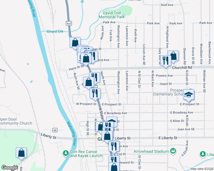 map of restaurants, bars, coffee shops, grocery stores, and more near 540 North Avenue in Girard