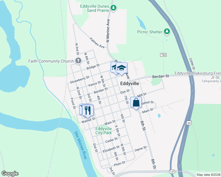 map of restaurants, bars, coffee shops, grocery stores, and more near 506 Berdan Street in Eddyville