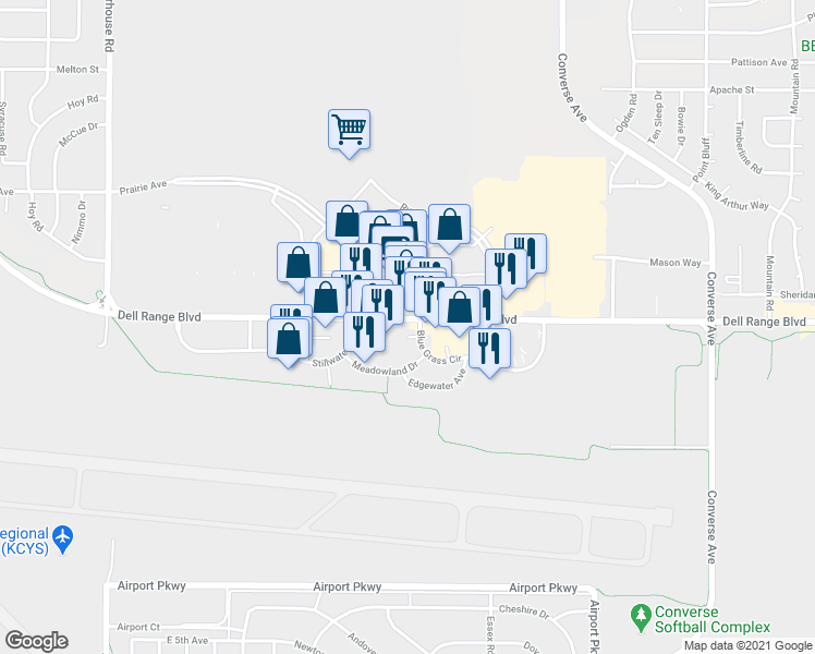 map of restaurants, bars, coffee shops, grocery stores, and more near 1772 Spring Court in Cheyenne