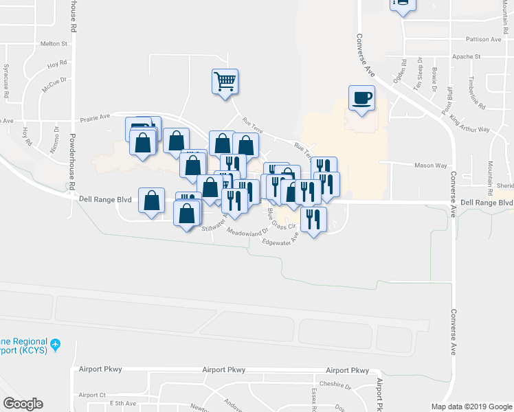 map of restaurants, bars, coffee shops, grocery stores, and more near 1772 Spring Court in Cheyenne
