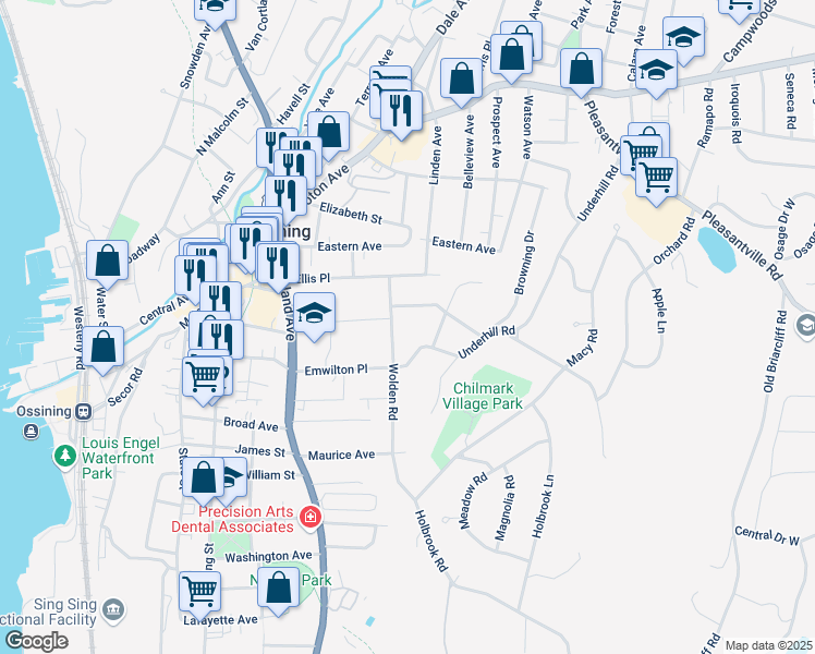 map of restaurants, bars, coffee shops, grocery stores, and more near 9 Wolden Road in Ossining
