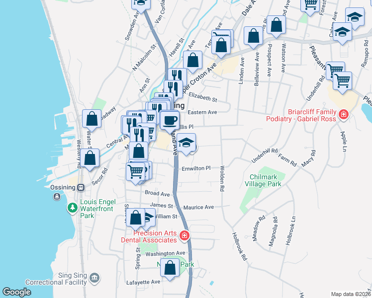 map of restaurants, bars, coffee shops, grocery stores, and more near 29 South Highland Avenue in Ossining