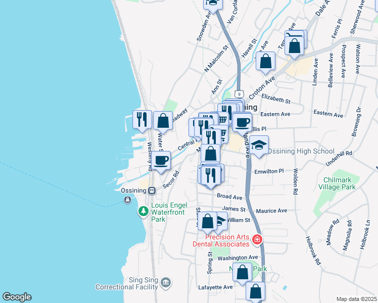 map of restaurants, bars, coffee shops, grocery stores, and more near 79 Main Street in Ossining