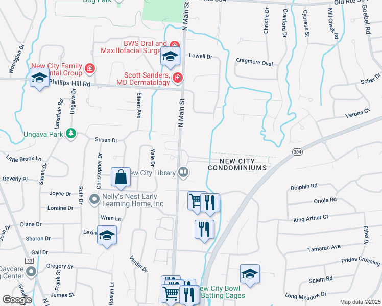 map of restaurants, bars, coffee shops, grocery stores, and more near 1 Heritage Drive in New City