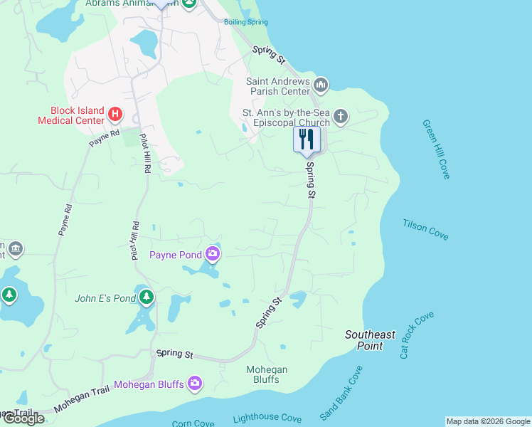 map of restaurants, bars, coffee shops, grocery stores, and more near 1666 Spring Street in New Shoreham