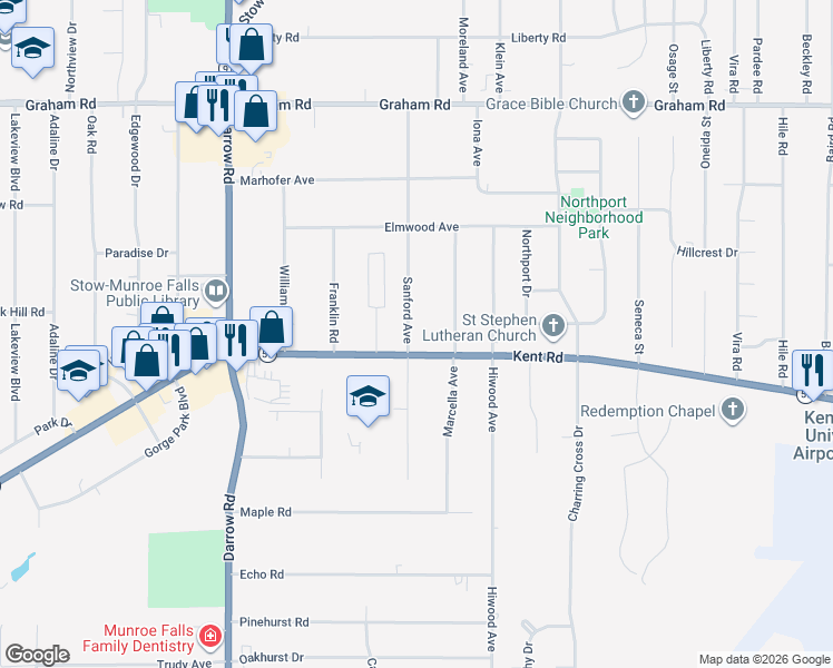 map of restaurants, bars, coffee shops, grocery stores, and more near 3540 Sanford Avenue in Stow