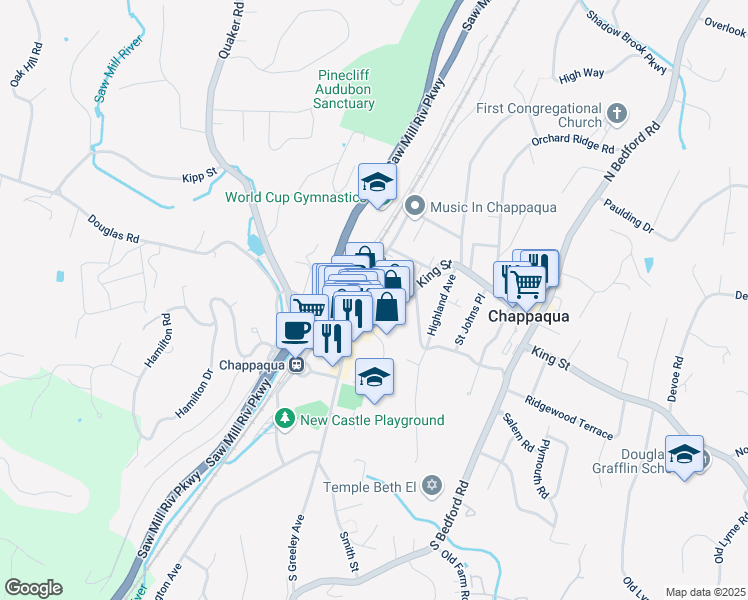 map of restaurants, bars, coffee shops, grocery stores, and more near 115 King Street in Chappaqua