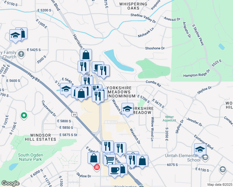 map of restaurants, bars, coffee shops, grocery stores, and more near 5672 Aspen Court in South Ogden