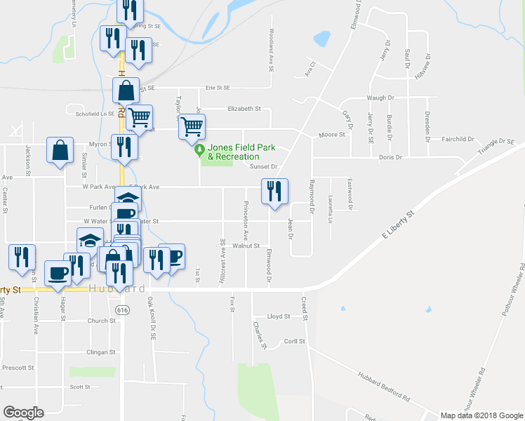 map of restaurants, bars, coffee shops, grocery stores, and more near 320 Elmwood Drive in Hubbard