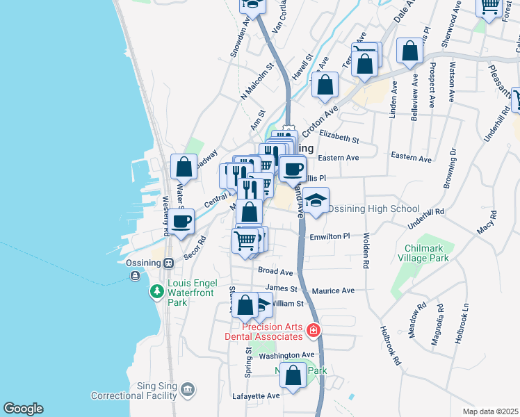 map of restaurants, bars, coffee shops, grocery stores, and more near 37 Spring Street in Ossining