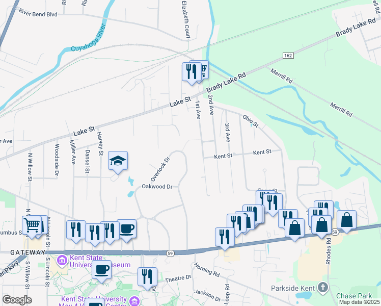map of restaurants, bars, coffee shops, grocery stores, and more near 503 Overlook Dr in Kent