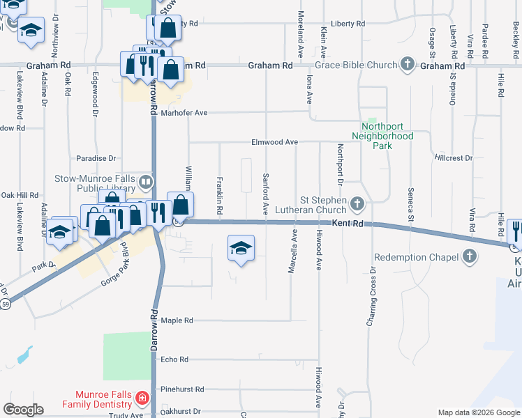 map of restaurants, bars, coffee shops, grocery stores, and more near 3540 Sanford Avenue in Stow