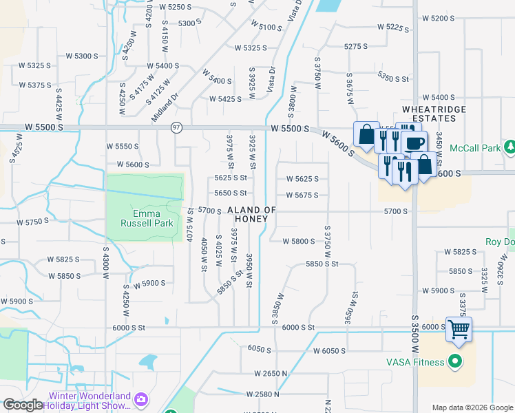 map of restaurants, bars, coffee shops, grocery stores, and more near 5694 3925 West Street in Roy