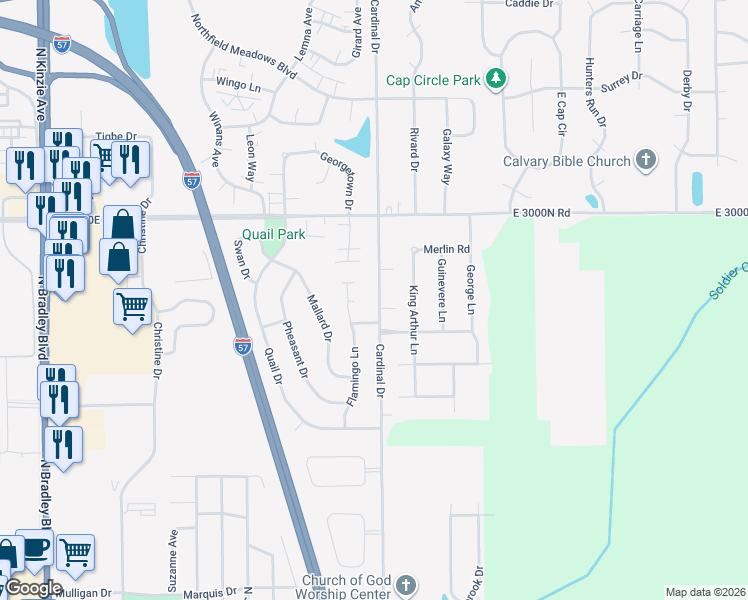 map of restaurants, bars, coffee shops, grocery stores, and more near 1137 North 2000E Road in Bradley