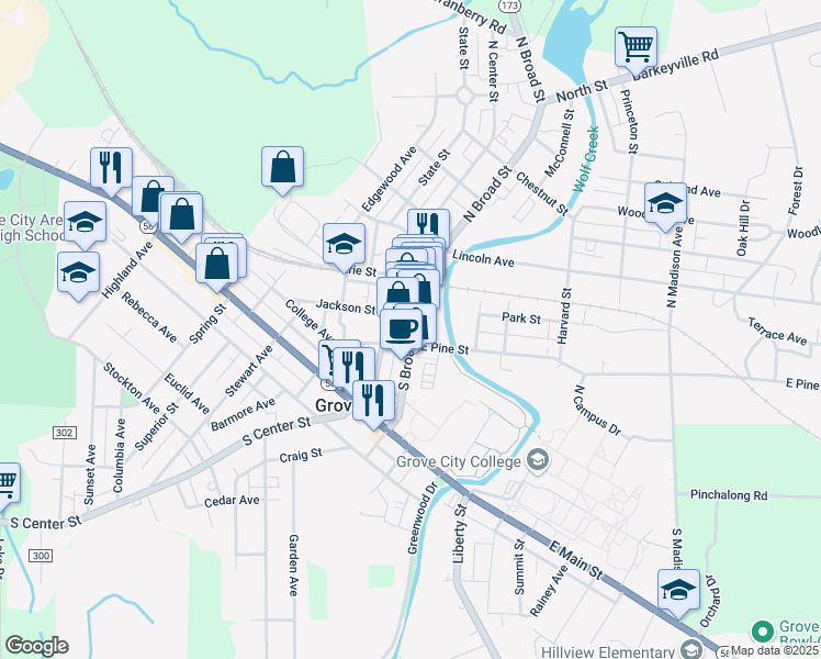 map of restaurants, bars, coffee shops, grocery stores, and more near 153 S Broad St in Grove City