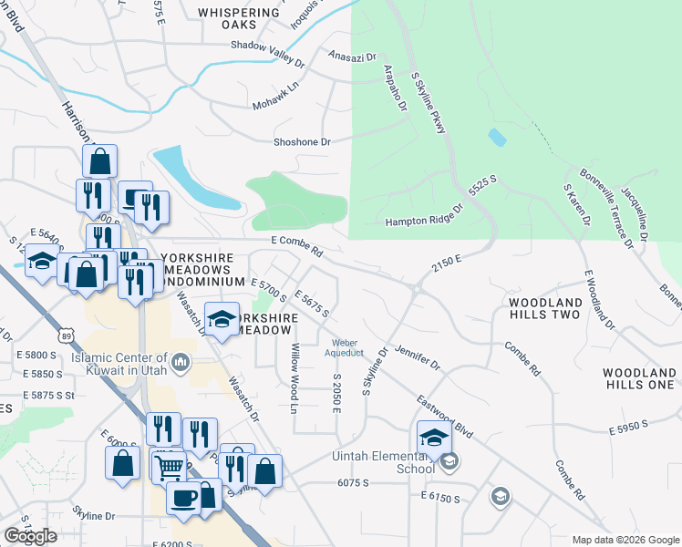 map of restaurants, bars, coffee shops, grocery stores, and more near 5652 Redwood Lane in Ogden