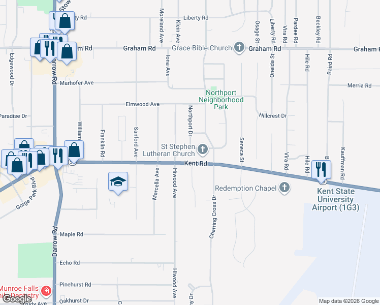 map of restaurants, bars, coffee shops, grocery stores, and more near 2194 North Santom Road in Stow