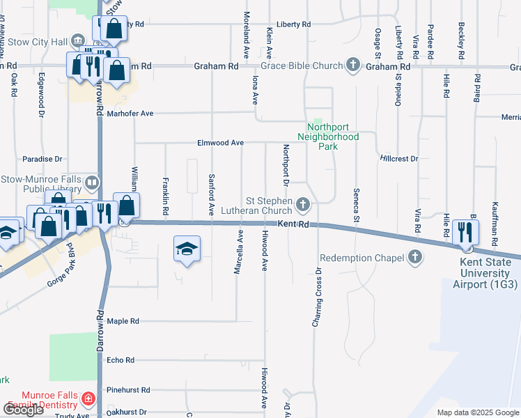 map of restaurants, bars, coffee shops, grocery stores, and more near 3596 Hiwood Avenue in Stow