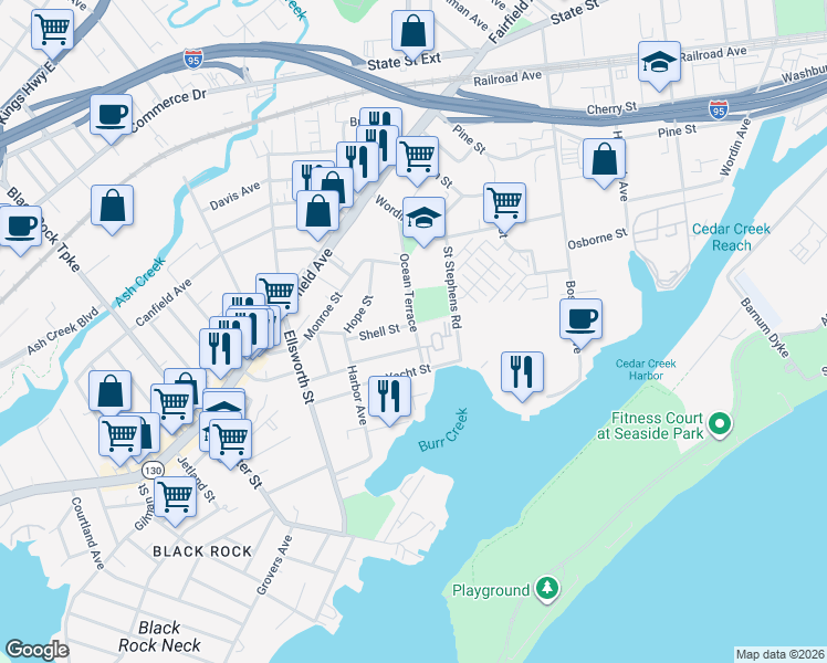 map of restaurants, bars, coffee shops, grocery stores, and more near 55 Shell Street in Bridgeport