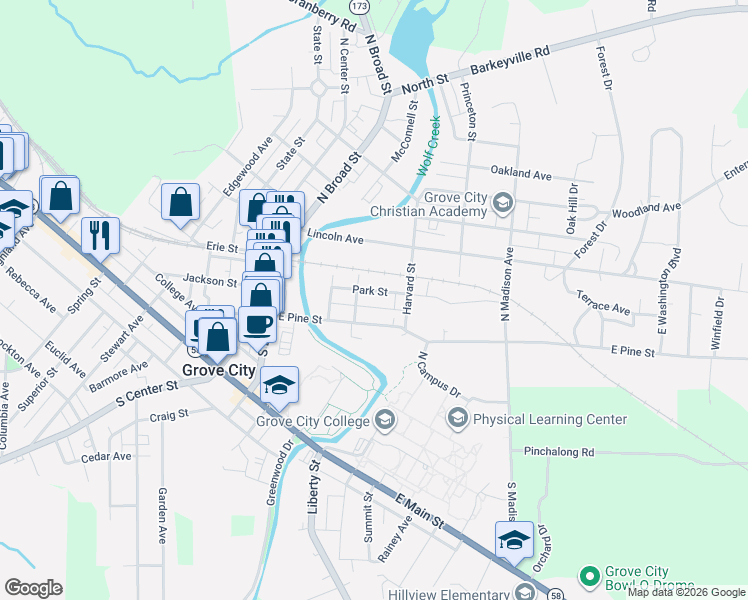 map of restaurants, bars, coffee shops, grocery stores, and more near 200-298 Park St in Grove City