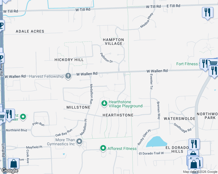 map of restaurants, bars, coffee shops, grocery stores, and more near 621 Woodland Springs Place in Fort Wayne