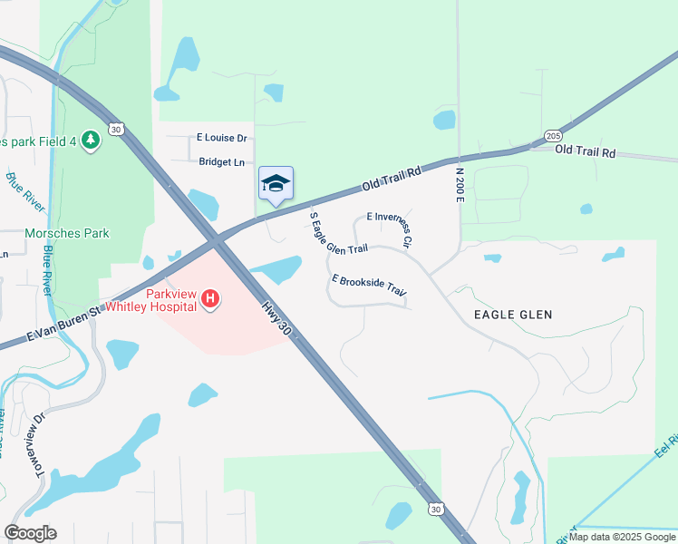 map of restaurants, bars, coffee shops, grocery stores, and more near 1713 East Brookside Trail in Columbia City