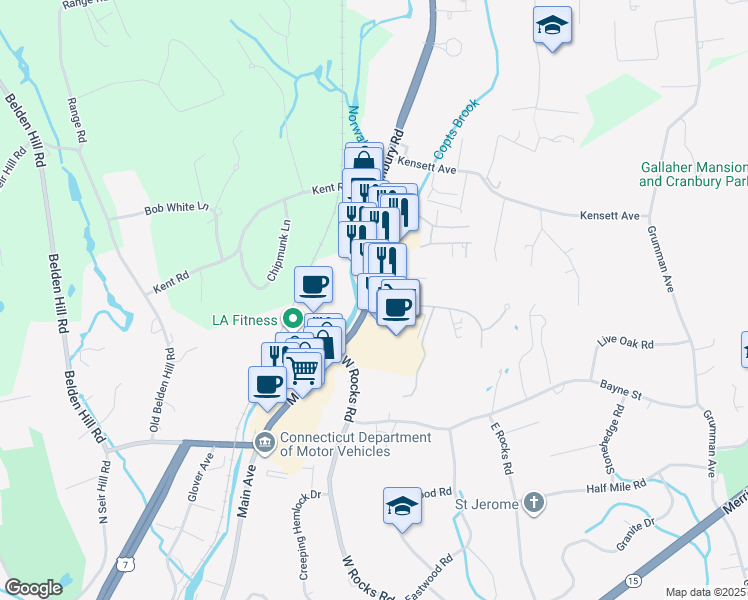 map of restaurants, bars, coffee shops, grocery stores, and more near 666 Foxboro Drive in Norwalk