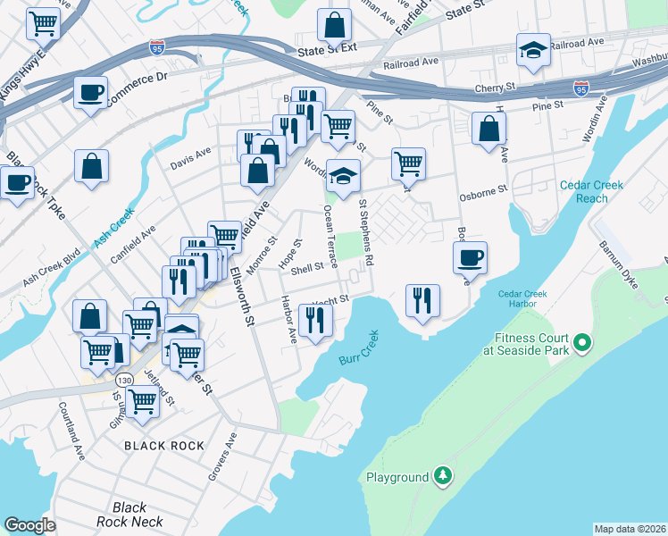 map of restaurants, bars, coffee shops, grocery stores, and more near 55 Shell Street in Bridgeport