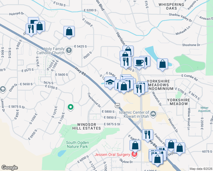 map of restaurants, bars, coffee shops, grocery stores, and more near 5659 Fox Chase Drive in Ogden