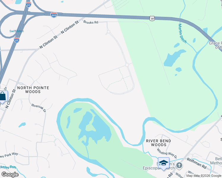 map of restaurants, bars, coffee shops, grocery stores, and more near 9218 North Clinton Street in Fort Wayne