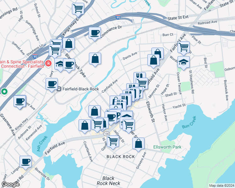map of restaurants, bars, coffee shops, grocery stores, and more near 122 Princeton Street in Bridgeport