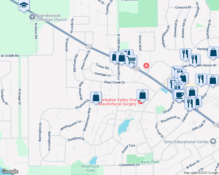 map of restaurants, bars, coffee shops, grocery stores, and more near 460 Plum Creek Court in Bourbonnais