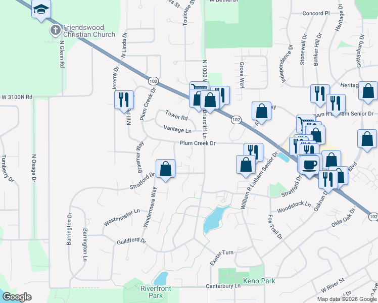 map of restaurants, bars, coffee shops, grocery stores, and more near 460 Plum Creek Court in Bourbonnais