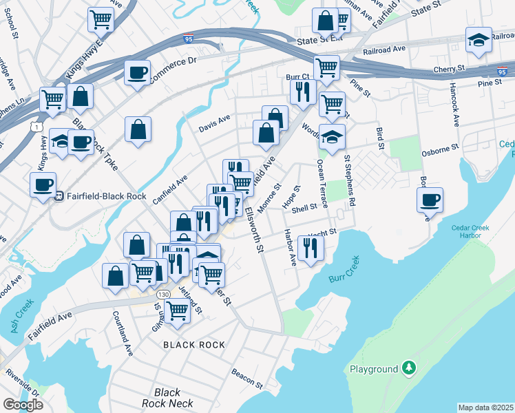 map of restaurants, bars, coffee shops, grocery stores, and more near 46 Monroe Street in Bridgeport