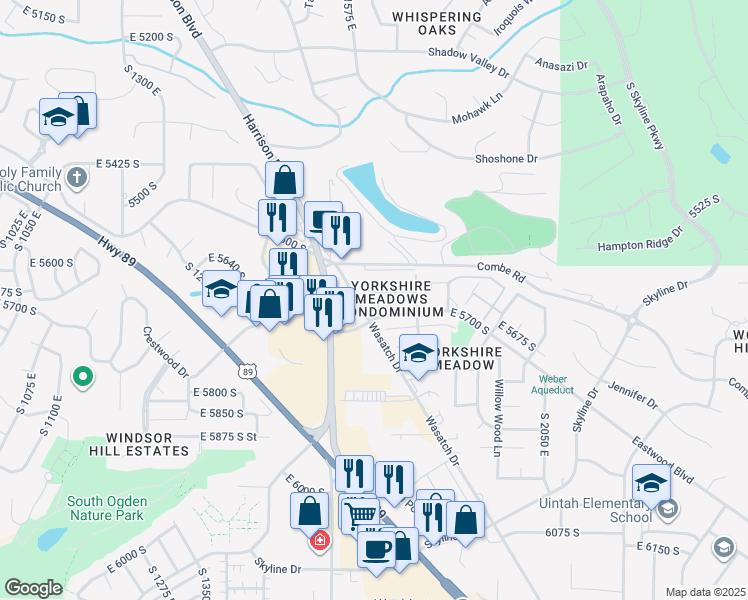 map of restaurants, bars, coffee shops, grocery stores, and more near 5667 Aspen Court in Ogden