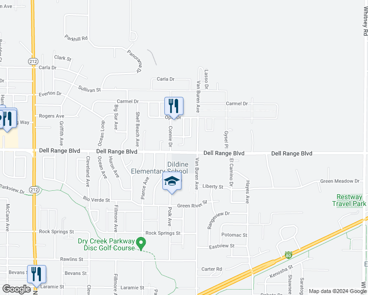 map of restaurants, bars, coffee shops, grocery stores, and more near 4605 Garnet Way in Cheyenne