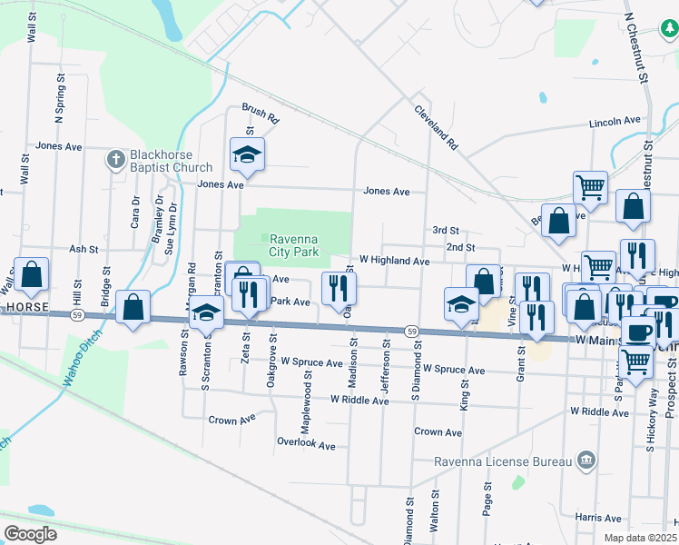 map of restaurants, bars, coffee shops, grocery stores, and more near 161 Oakwood Street in Ravenna