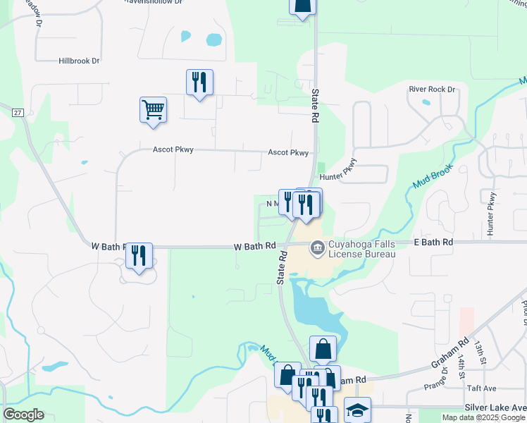 map of restaurants, bars, coffee shops, grocery stores, and more near 35 French Mill Run in Cuyahoga Falls