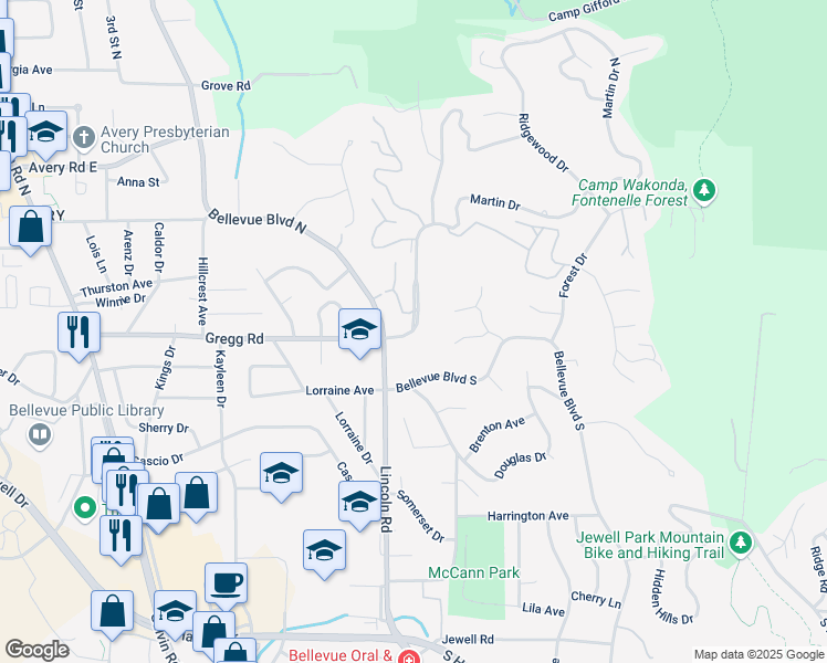 map of restaurants, bars, coffee shops, grocery stores, and more near 1201 Gregg Road in Bellevue