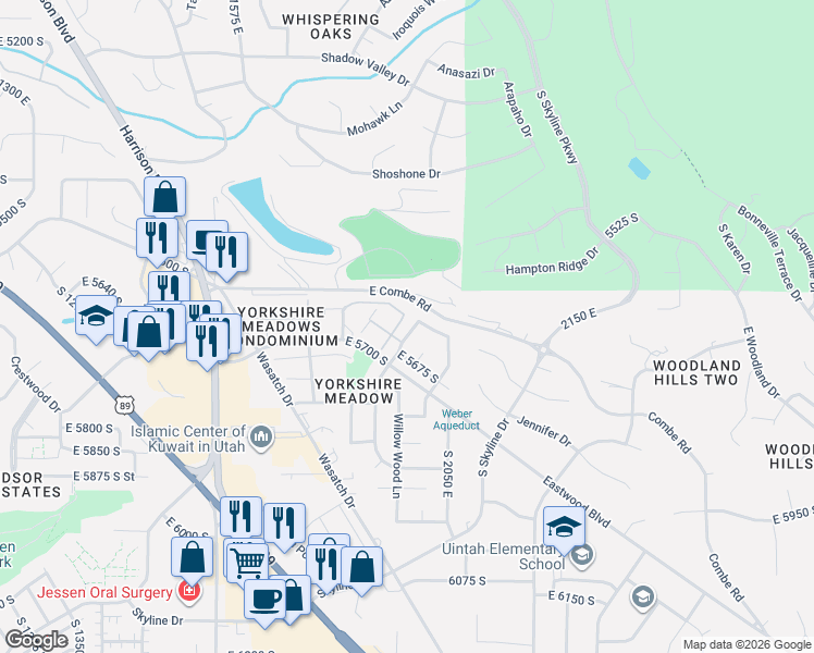 map of restaurants, bars, coffee shops, grocery stores, and more near 1975 East 5650 South Street in Ogden