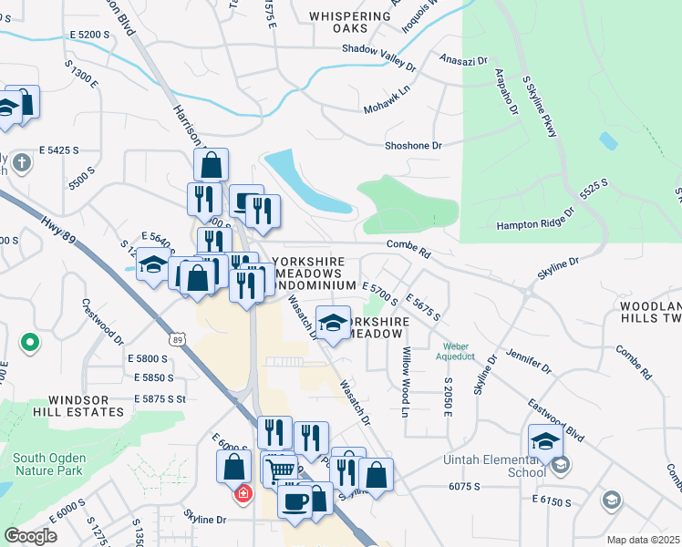 map of restaurants, bars, coffee shops, grocery stores, and more near 5676 Meadow Lane in South Ogden