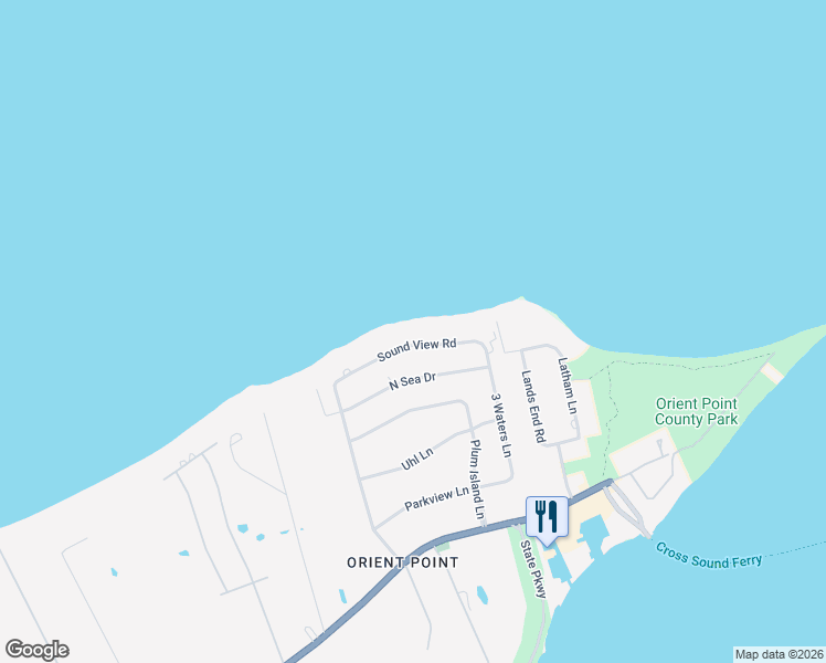 map of restaurants, bars, coffee shops, grocery stores, and more near 1155 Sound View Road in Orient