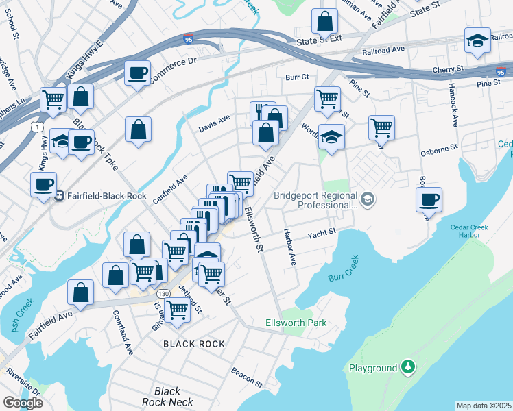 map of restaurants, bars, coffee shops, grocery stores, and more near 46 Monroe Street in Bridgeport