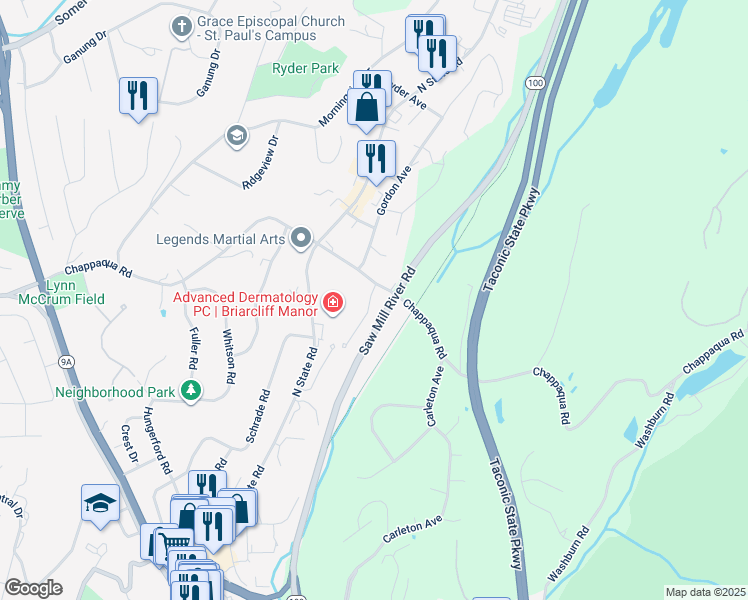 map of restaurants, bars, coffee shops, grocery stores, and more near 7 Deertree Lane in Briarcliff Manor