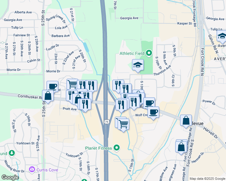 map of restaurants, bars, coffee shops, grocery stores, and more near 1518 Sunshine Boulevard in Bellevue