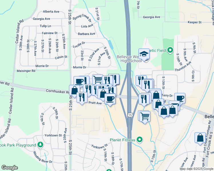 map of restaurants, bars, coffee shops, grocery stores, and more near 1802 Gregg Road in Bellevue