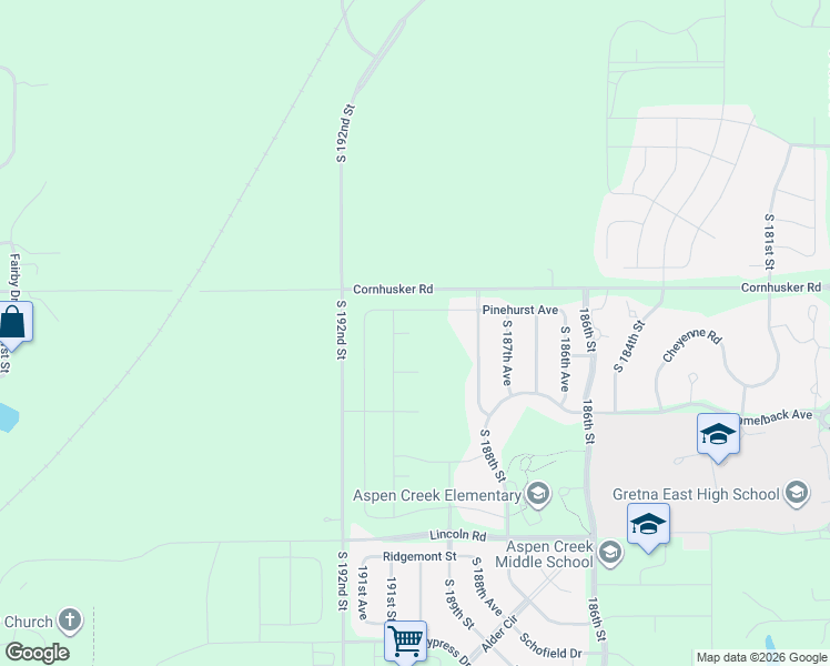 map of restaurants, bars, coffee shops, grocery stores, and more near 18991-19199 Cornhusker Road in Omaha