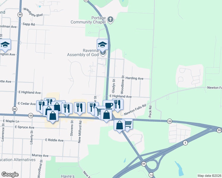 map of restaurants, bars, coffee shops, grocery stores, and more near 6235 Gladys Street in Ravenna